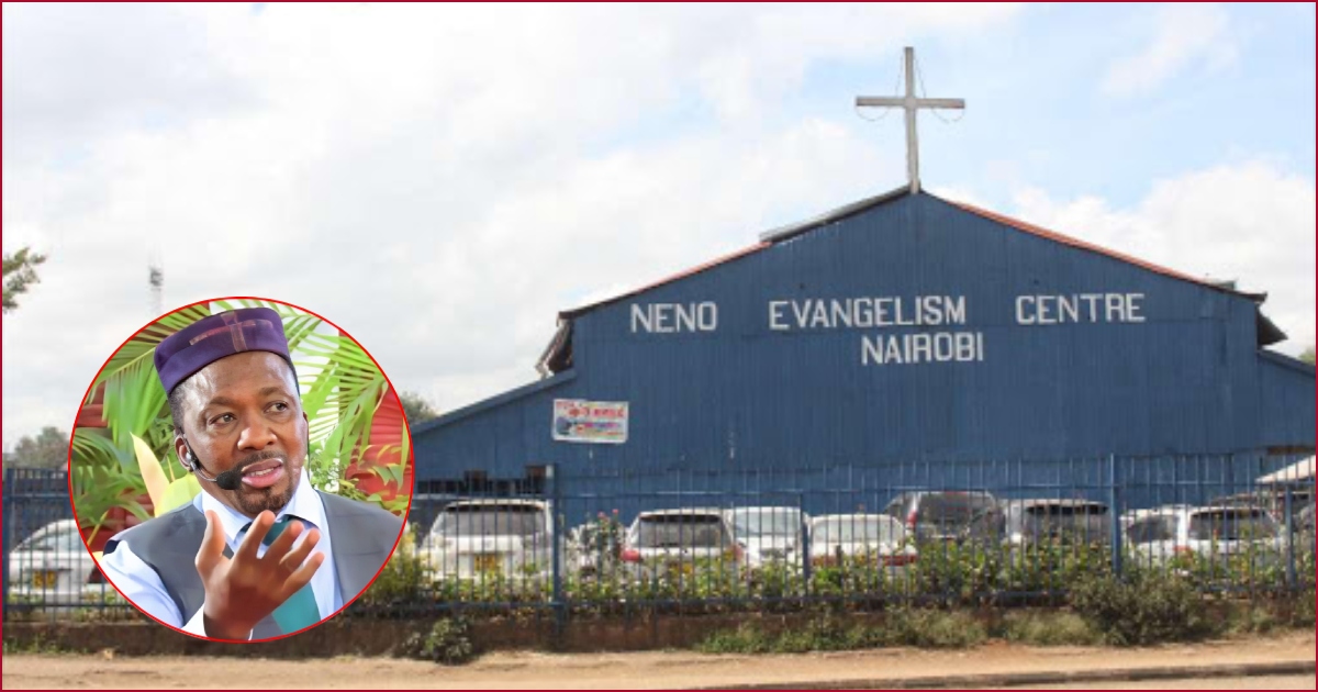 A horizontal view of the Neno Evangelism Church in Nairobi. (Inset: Pastor James Ng'ang'a)